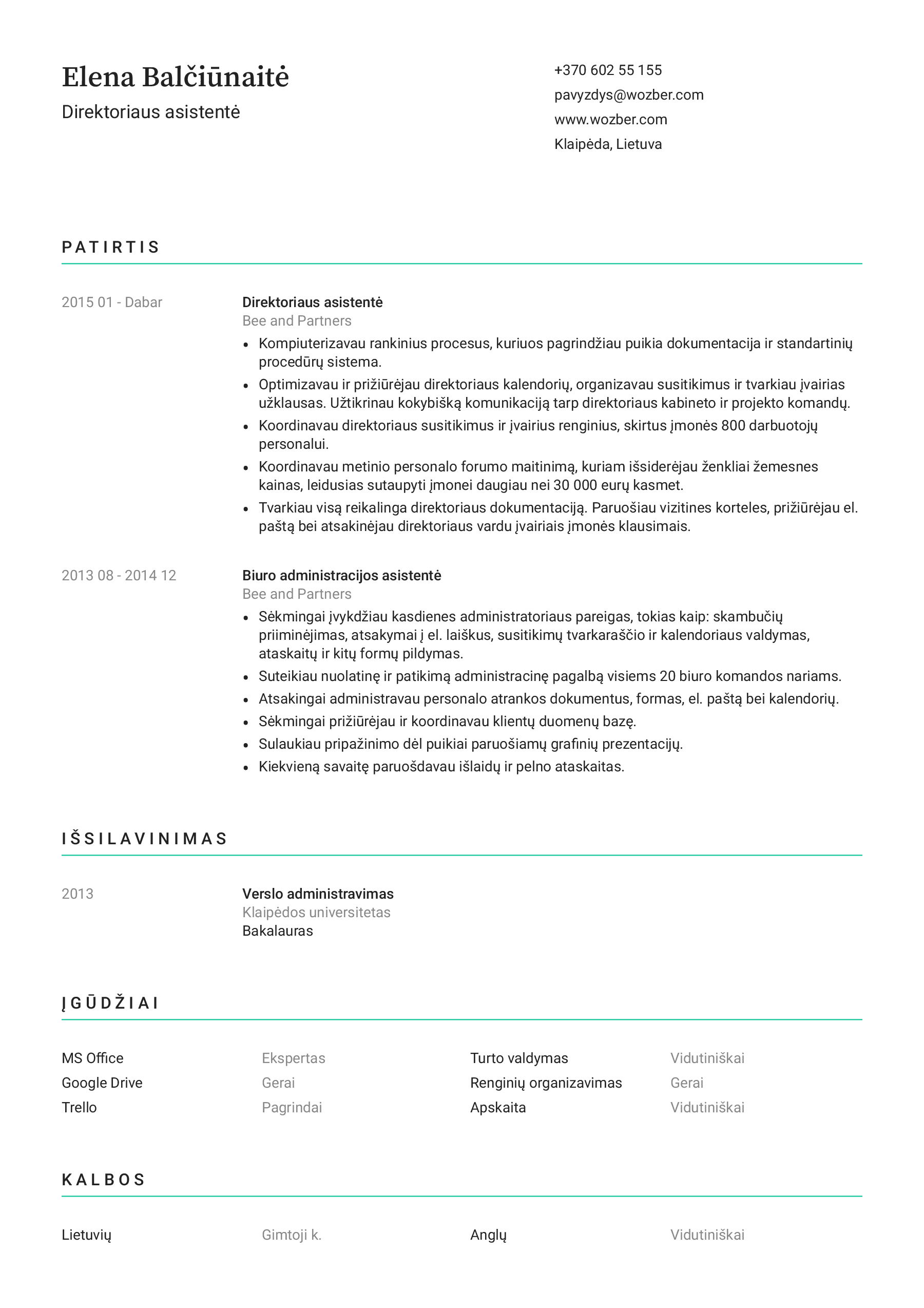 Direktoriaus Asistent s CV Pavyzdys