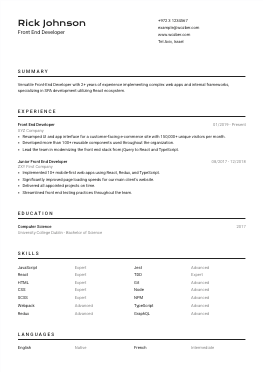 Modern resume example for Front End Developer position