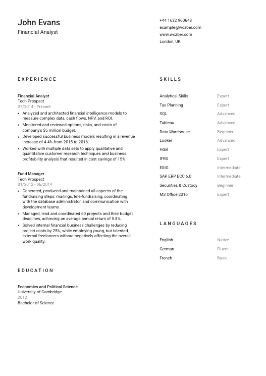 Modern resume example for Financial Analyst position