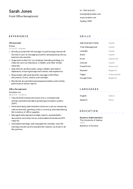 Modern resume example for Front Office Receptionist position