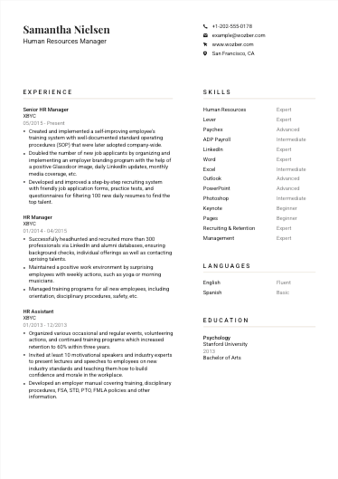 Modern resume example for Human Resources Manager position