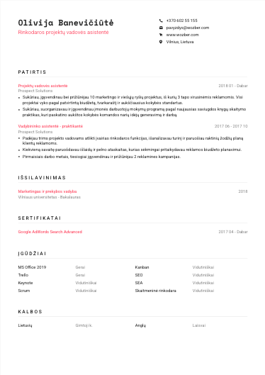 Modernus CV pavyzdys rinkodaros projektų vadovės asistentės pozicijai