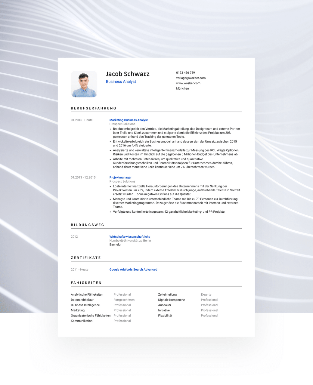 Eine für Applicant-Tracking-Systeme optimierte Lebenslaufvorlage im klassischen Format.
