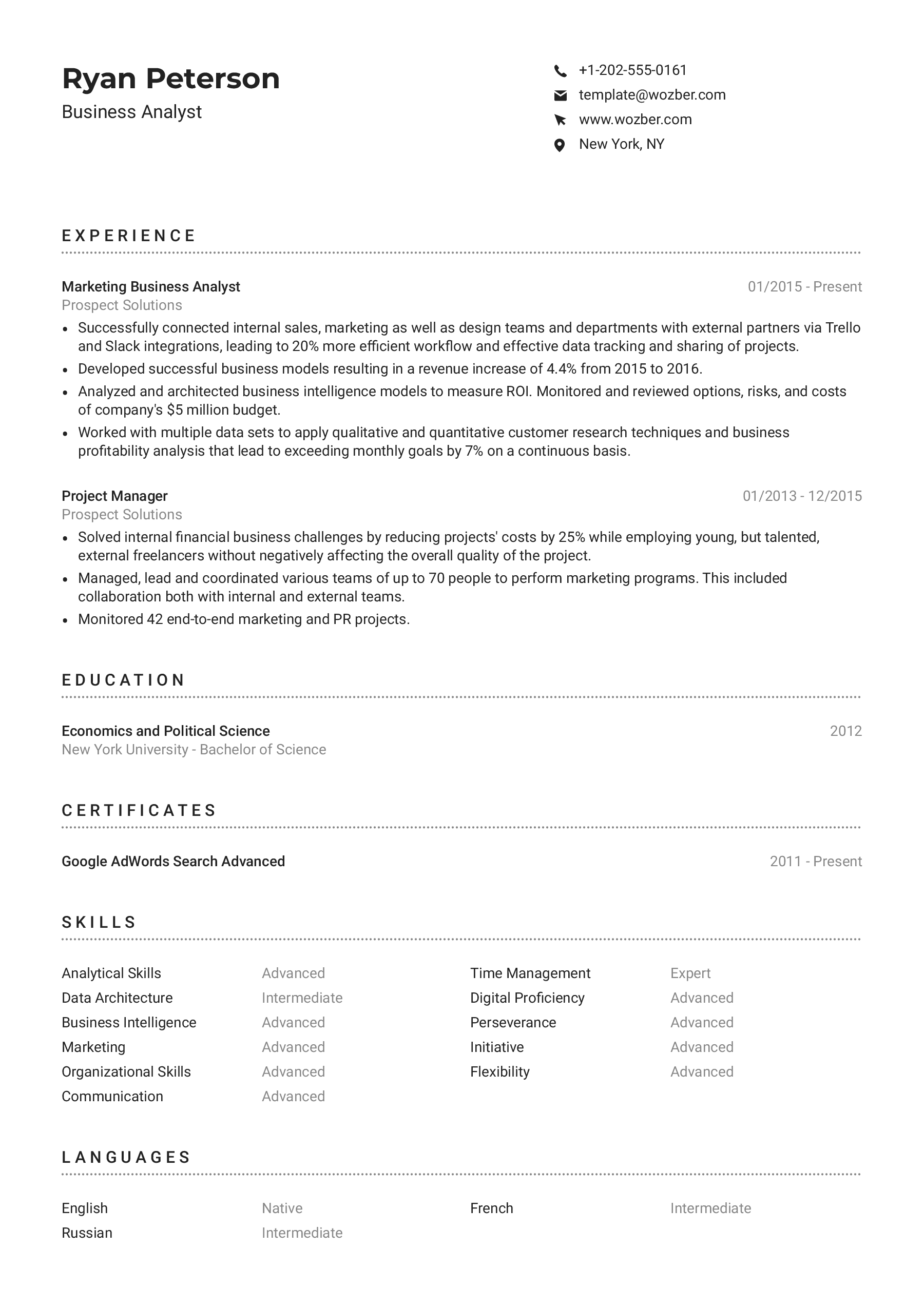 A classic, one-column resume template optimized for applicant tracking systems.
