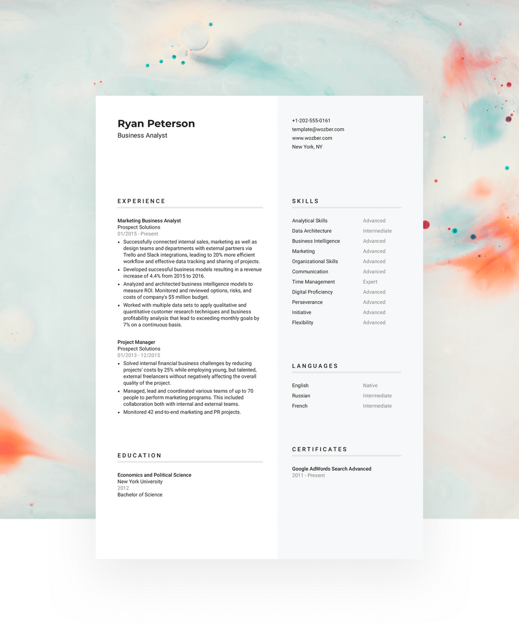 A modern CV template with a solid colour palette is an excellent choice for professionals who seek to resonate with a strong character.
