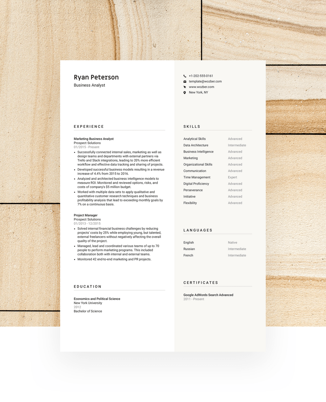 A modern two-column CV template with a soft and matching colour choice, built for professionals who wish a clean and simple design solution to portray their work achievements.