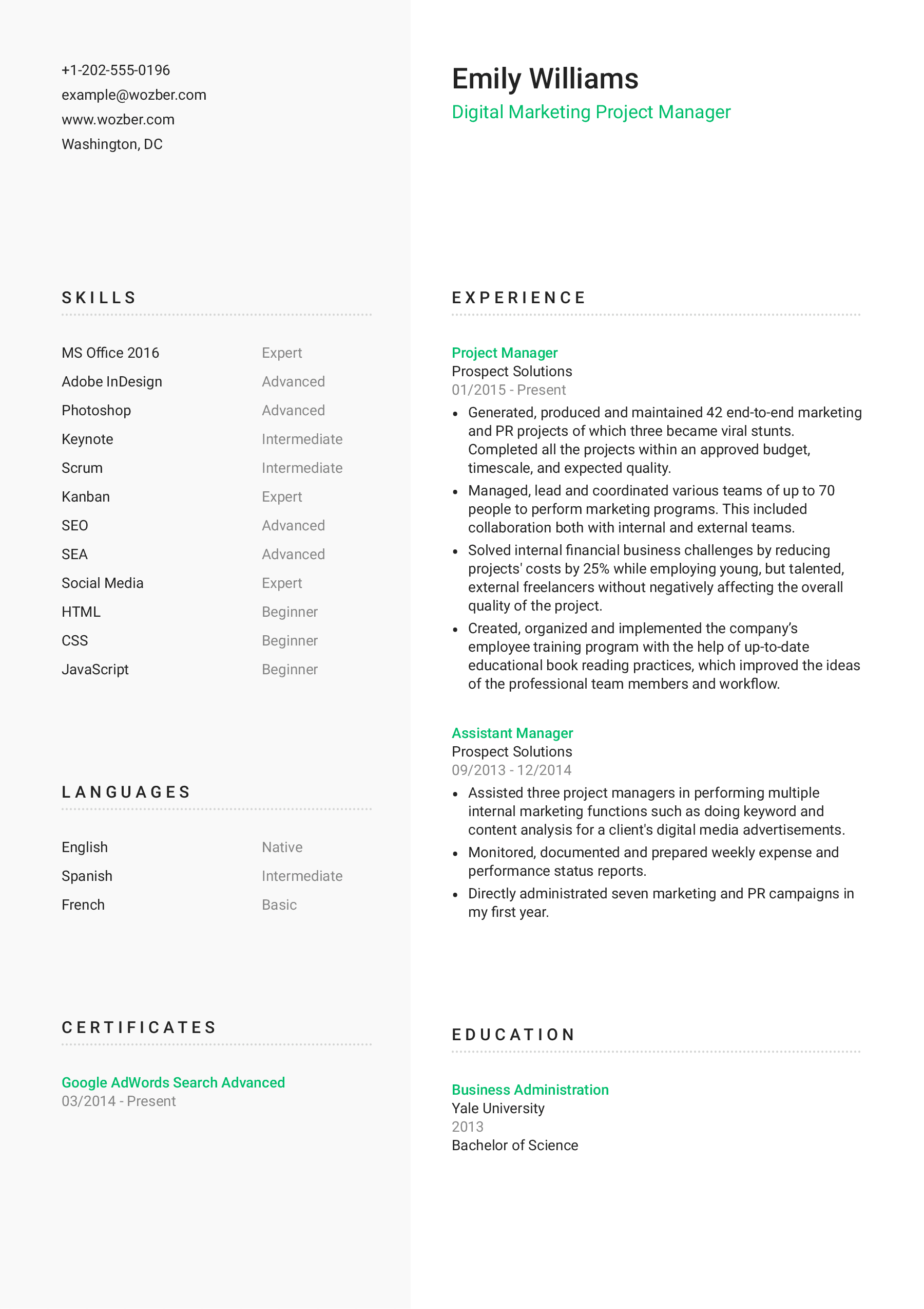 A modern two-column resume template for those who prefer an attractive appearance.