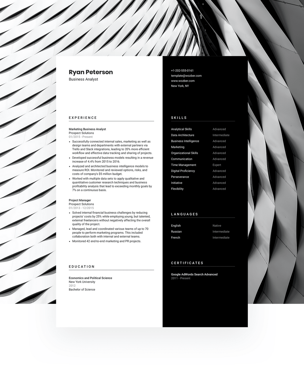 A black and white creative CV template for those who seek a classic feel.