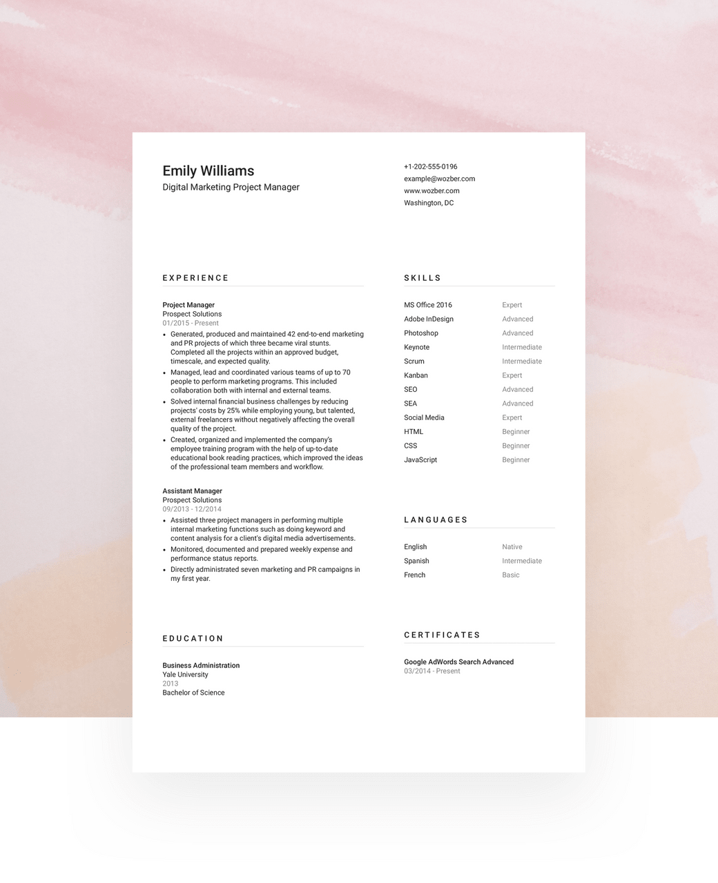 A two-column CV template with minimalistic design for professionals who seek to fit more content into one page.