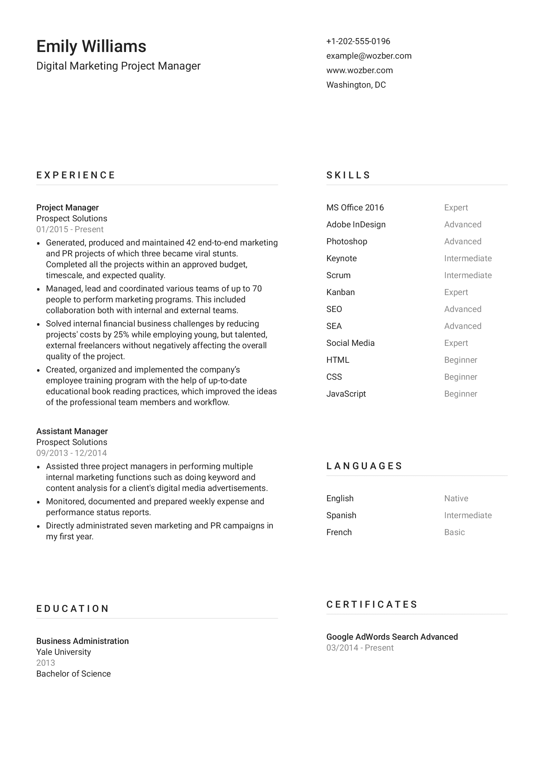 A two-column resume template with minimalistic design for professionals who seek to fit more content into one page.