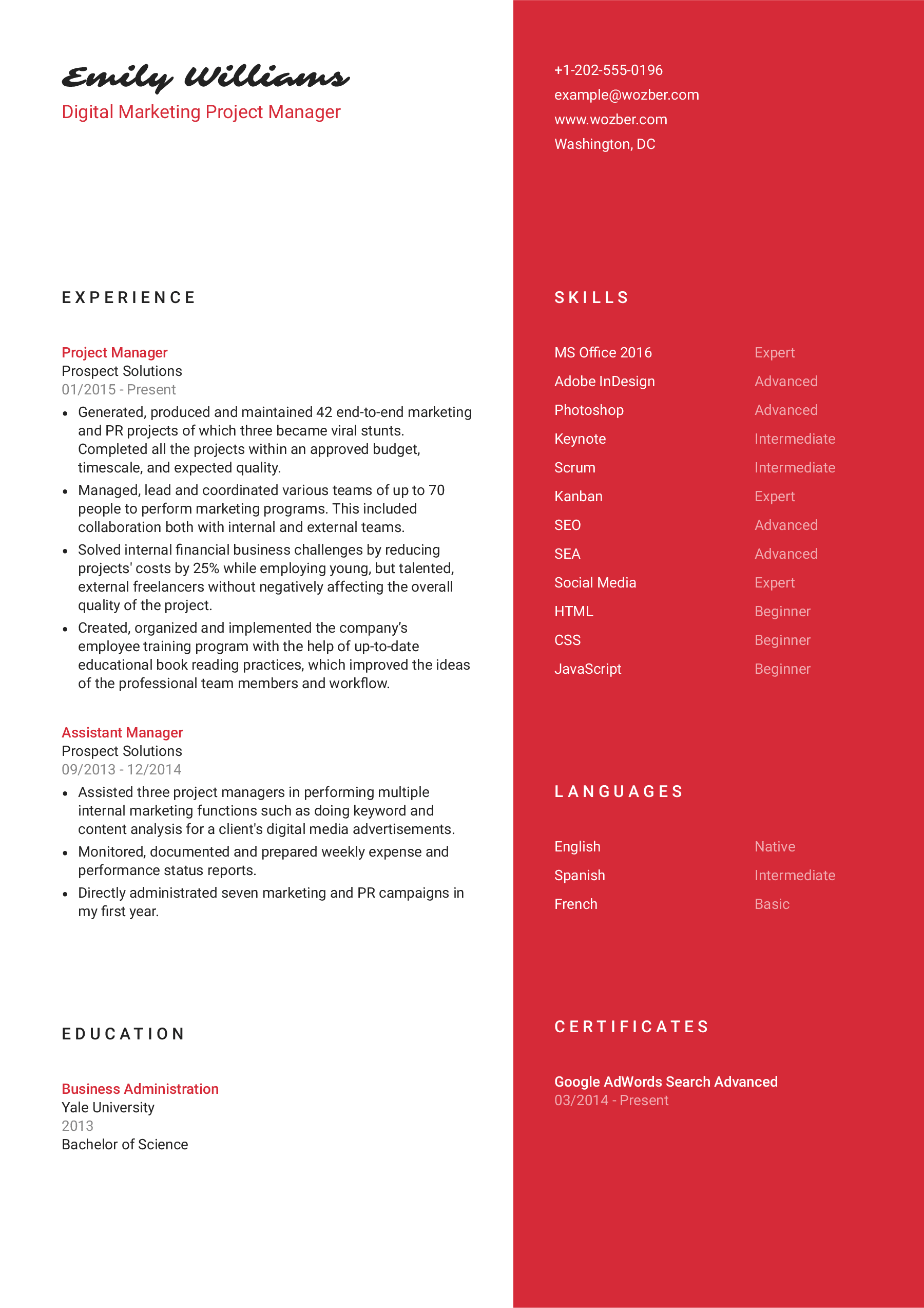 An elegant, single-coloured, two-column CV template for those in the spotlight.