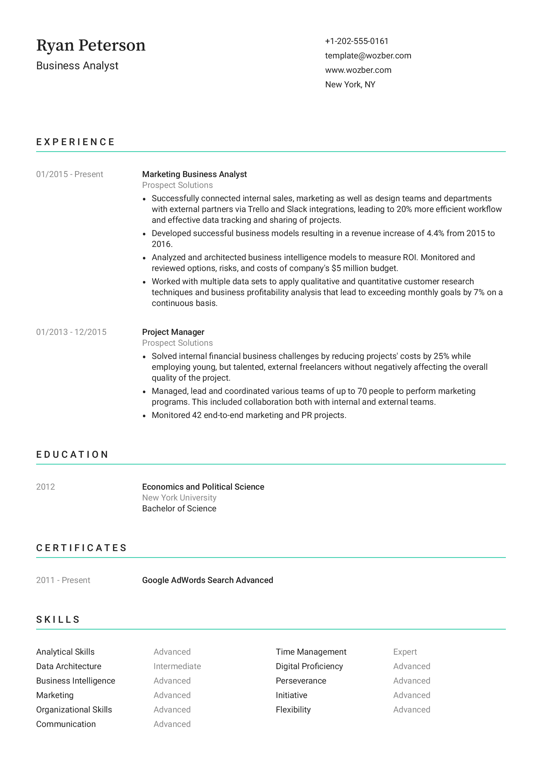 A minimalistic resume template optimized for applicant tracking systems and suitable for any professional.