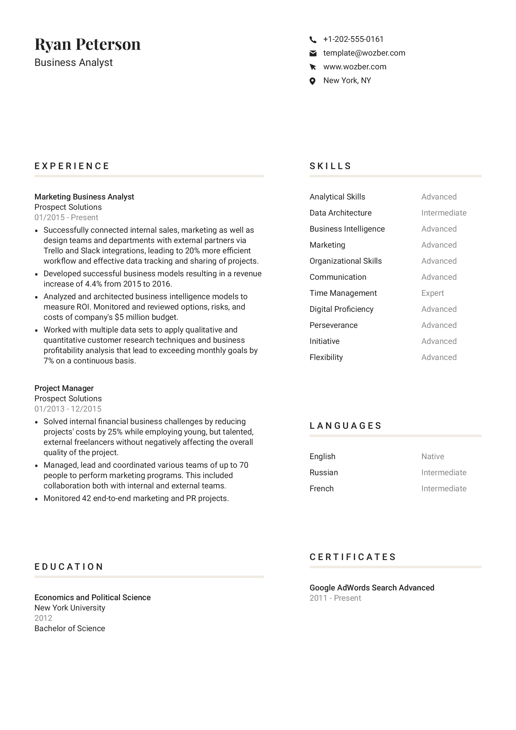 A professional, solid CV template with a two-column layout.