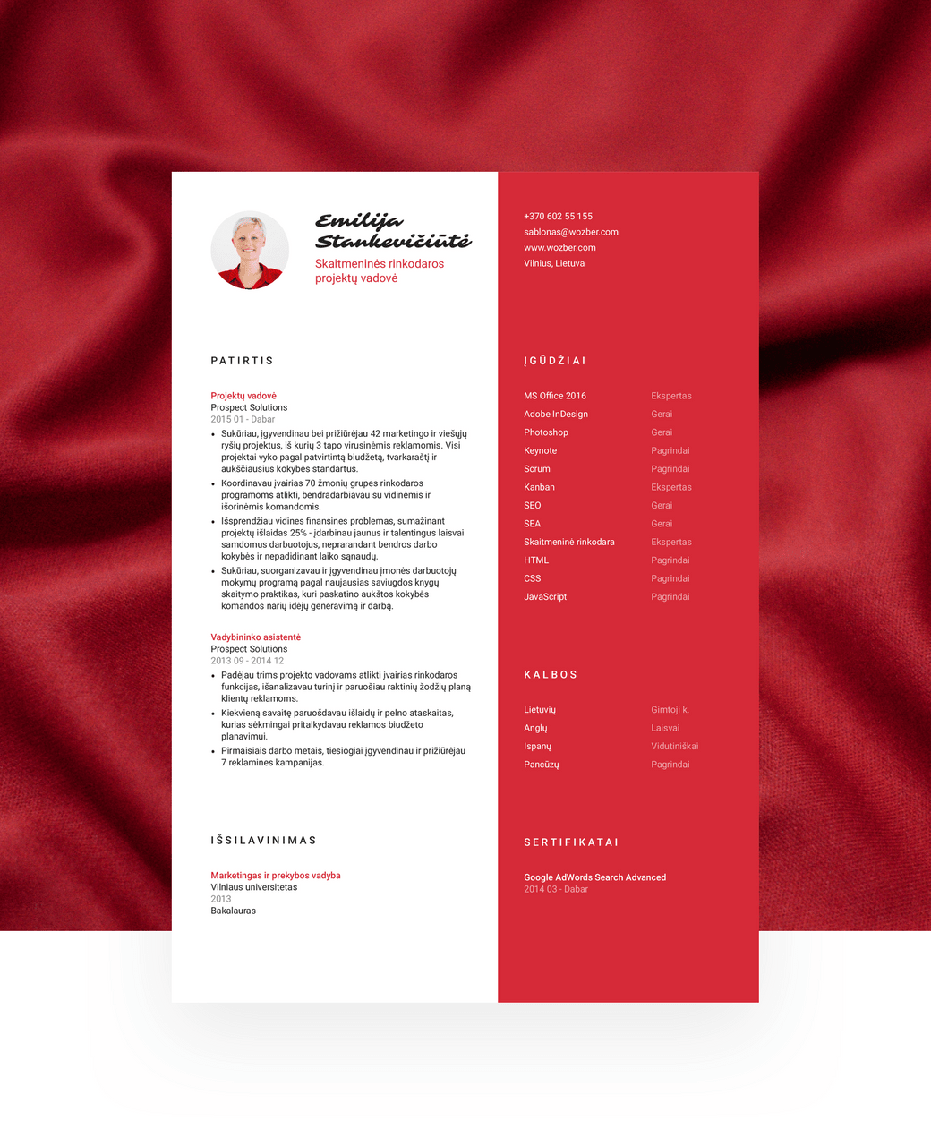 Elegantiškas, vienos spalvos, dviejų stulpelių CV šablonas, norintiems būti matomais.